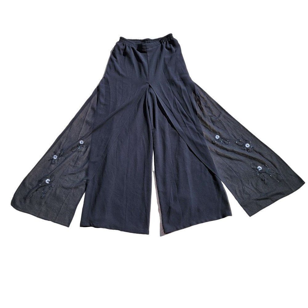 Vintage Formal High-rise Wide Leg‎ Pants 8 Black Sheer Skirted Caped Embroidered
